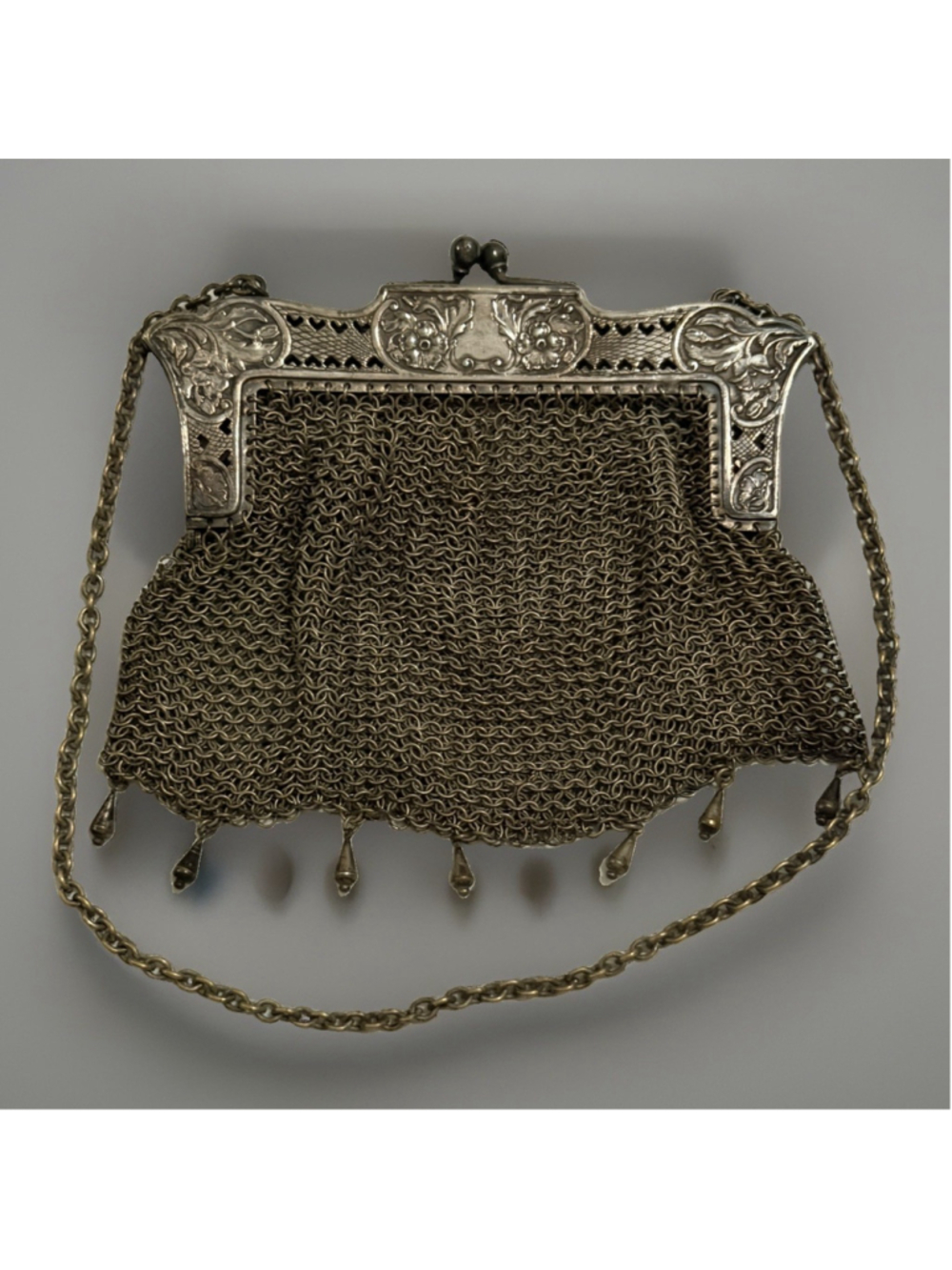 Antique 1900’s Art Nouveau Purse GERMAN SILVER Mesh Evening Bag 5.5” x 5”